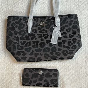 COACH Black leopard tote with matching wallet